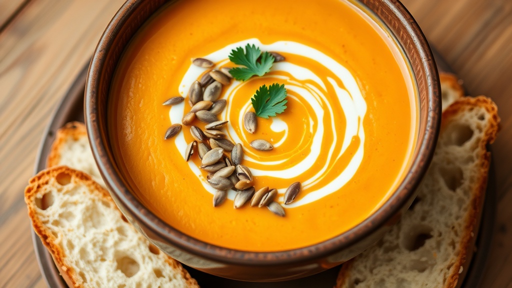Creamy Butternut Squash Soup Recipe Creamy butternut squash soup in a rustic bowl with pumpkin seeds and parsley, accompanied by crusty bread.
